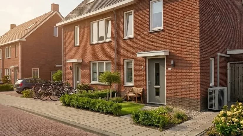 Warmtepomp buitenunit naast een Hollandse rijtjeswoning
