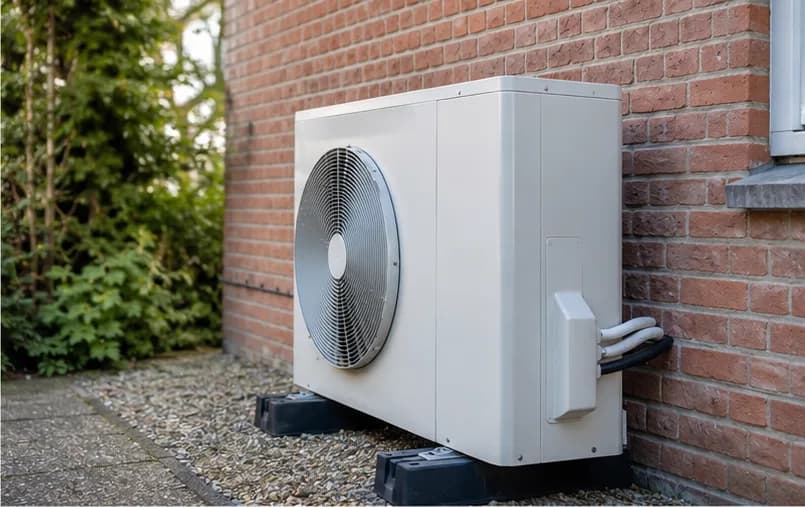 Buitenunit van een warmtepomp naast een woning