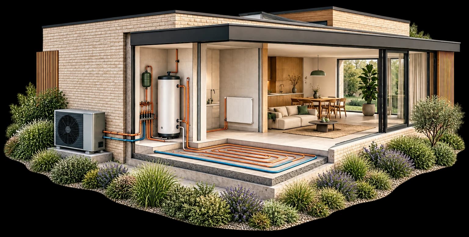 Een opengewerkte woning met buitenunit, blauwe buitenlucht, koperkleurige aanvoer en retour, vloerverwarming, radiator en warmwatervat.